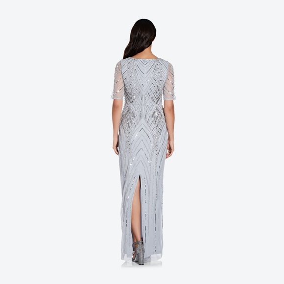NWT $349 Adrianna Papell V-neck Beaded Gown in‎ Glacier [SZ 0 ] - Picture 3 of 15